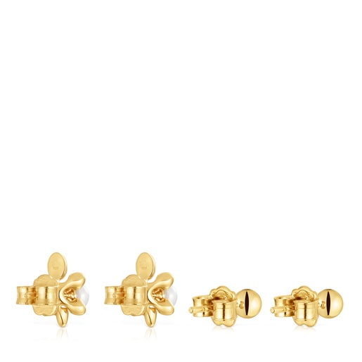 Pack de aretes con baño de oro 18 kt sobre plata motivo tortuga y perlas cultivadas Virtual Garden