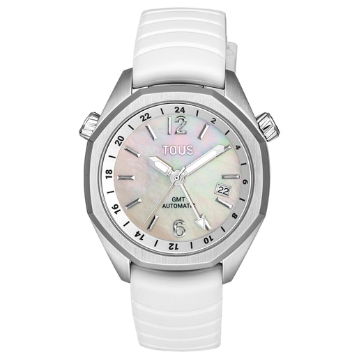 Zegarek gmt automatyczny z białym silikonowym paskiem, stalową kopertą i tarczą z masy perłowej TOUS Now