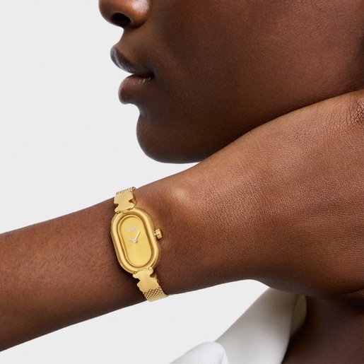שעון אנלוגי מתוכשט Oval Icon עם צמיד מפלדה בצבע זהב