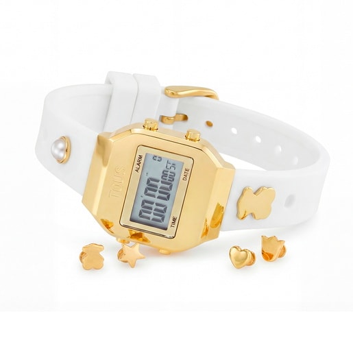 ساعة رقمية بحزام باللون الأبيض، وهيكل من الصُلب باللون الذهبي، ومرصعة بالأحجار الكريمة من تشكيلة TOUS XPRESURSLF.