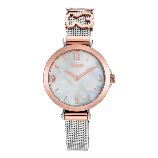 Reloj analógico/digital con brazalete de acero, acero rosado y esfera de nácar Icon Charms