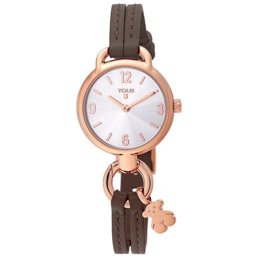 Montre Hold en acier IP rosé avec bracelet en cuir marron