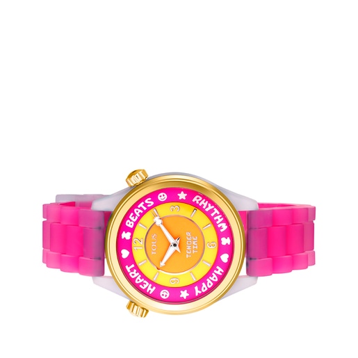 Steel TOUS Tender Time Watch with pink silicone strap and yellow dial