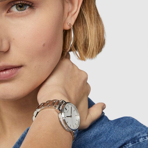 שעון פלדת אל חלד IP STEEL רונד בשיבוץ זרקונים