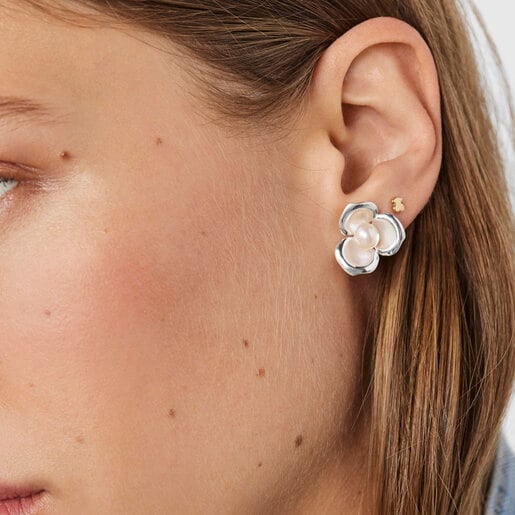 עגילי פרח פריג'ל בשילוב פנינה