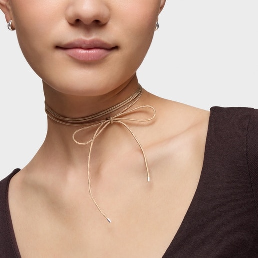 Collar largo de plata y cordón color marrón TOUS Basics