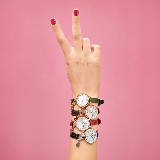 שעון הולד מפלדת רוז IP עם רצועת עור אדומה