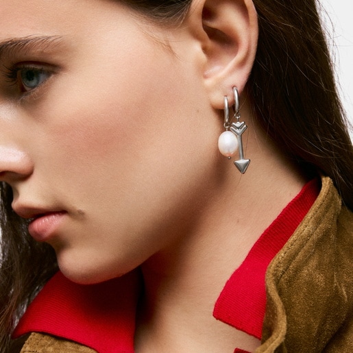 Steel and cultured pearl Hoop earrings with arrow charm TOUS Charming