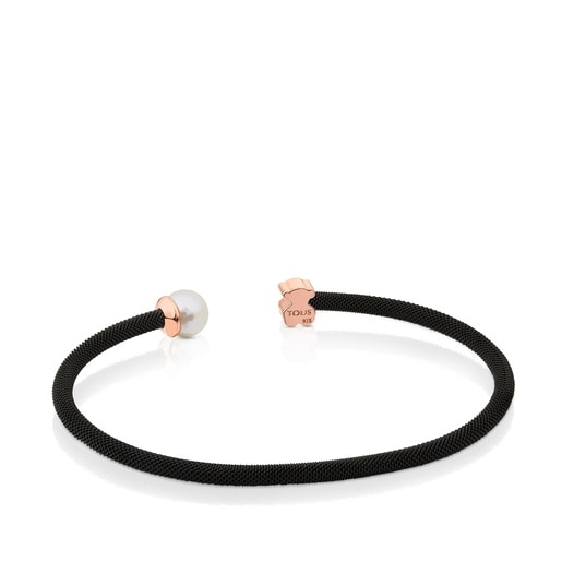 Pulsera de acero IP negro con baño de oro rosa 18 kt sobre plata y perla cultivada de 6,5mm Icon Mesh