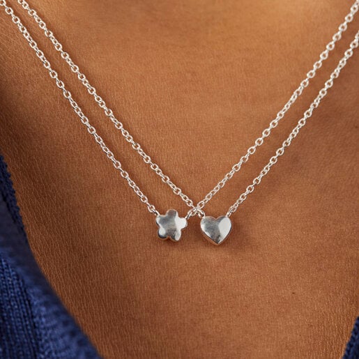 Pack de Collares Mini Icons flor-corazón de plata