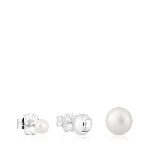 Sada tří stříbrných Náušnic Tsuri s uměle vypěstovanými perlami
