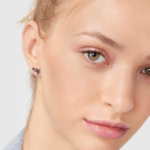 Rose Silver Vermeil Teddy Bear Stars Earrings with Spinel and Ruby
