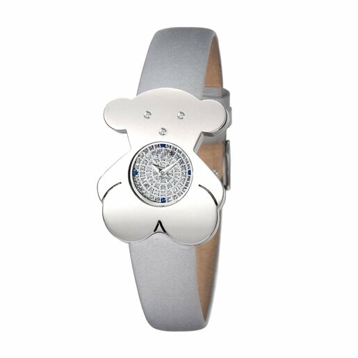 Steel Tousy Watch with Diamonds and gray Satin strap