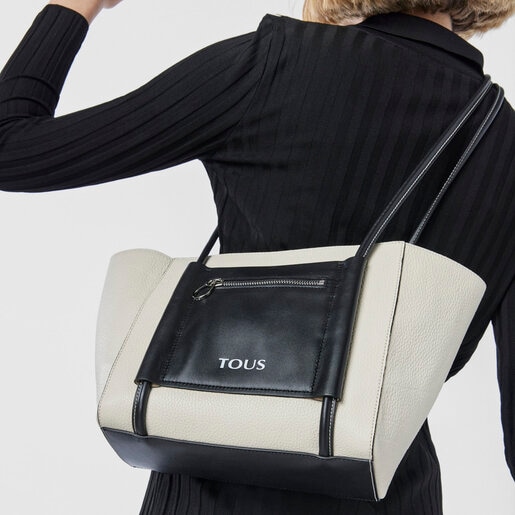 ベージュとブラックのレザーミディアムショッピングバッグ TOUS Empire