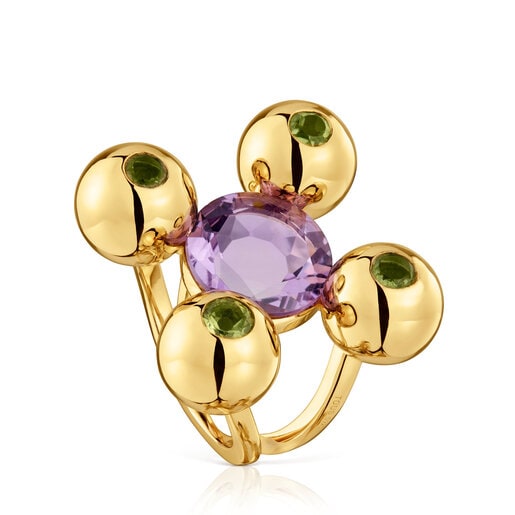 Anillo mediano con baño de oro 18 kt sobre plata, amatista y peridoto Sugar Party