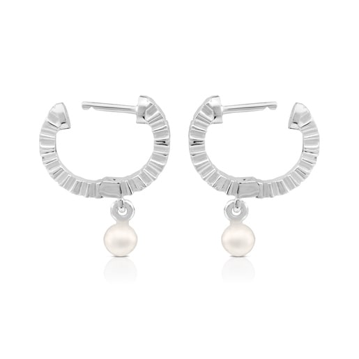 Silver TOUS Straight Hoop Earrings with Pearls