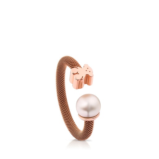 Ring Icon Mesh aus Stahl und rosa Vermeil-Silber mit Perle
