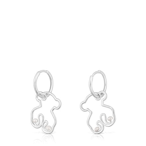 Silver Tsuri Bear hoop earrings with cultured pearls