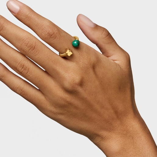 Gold-colored steel Open ring with malachite Icon Mesh