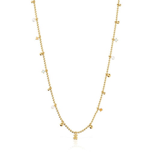 Krátký stříbrný Náhrdelník TOUS Grain pozlacený 18karátovým zlatem s uměle vypěstovanými perlami a drahými kameny