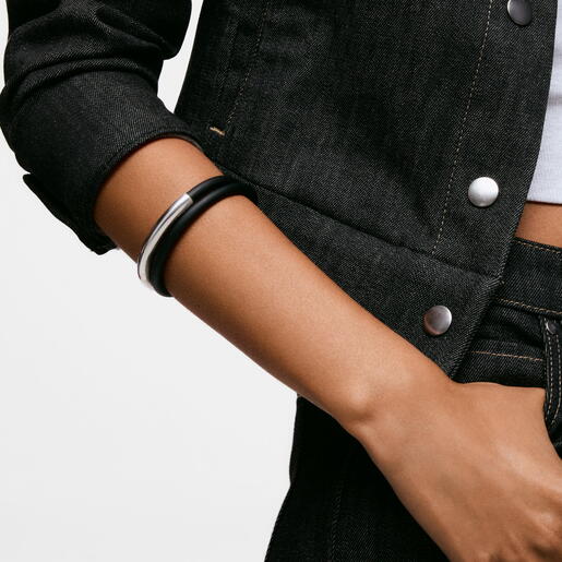 Pulsera esclava de plata y caucho doble Bold Motif