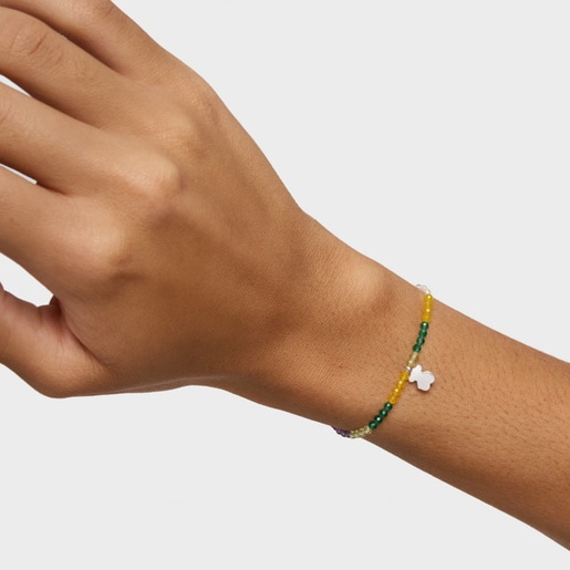 ブルーのジェムストーンとシルバーのベアのモチーフが付いた伸縮性ブレスレット TOUS Motif