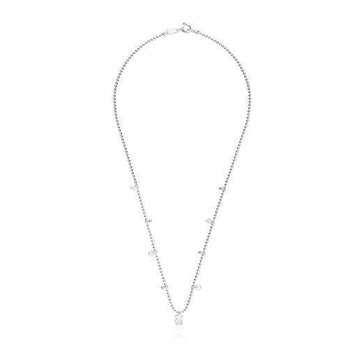 Collier argent, perles de culture et pendentif ourson court Sweet Dolls