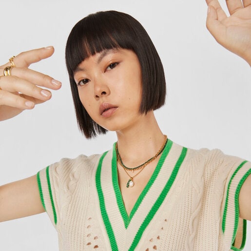 Colgante con baño de oro 18 kt sobre plata, perla cultivada y cromodiópsido Virtual Garden