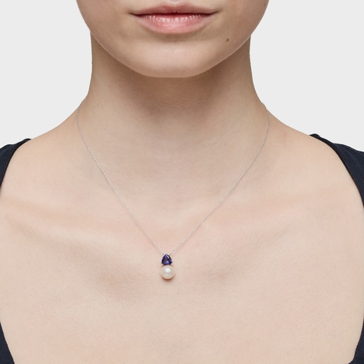 Short white gold Necklace with iolite and cultured pearl Ivette