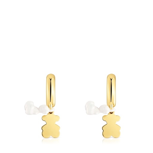 Aretes de aro con baño de oro 18 kt sobre plata, cerámica blanca y doble oso Bold Bear