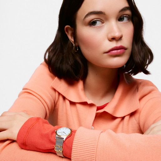 Reloj analógico con brazalete de acero con motivo, acero dorado y esfera de nácar EPIC ICON KDT