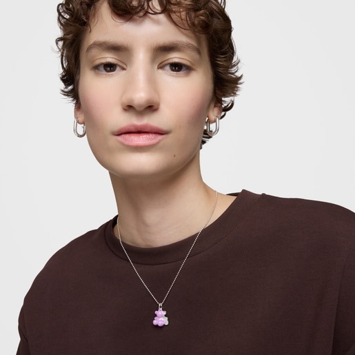 Dije doble oso de plata y cerámica lila Bold Bear