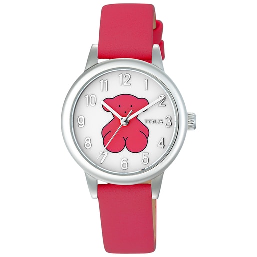 Reloj analógico New Muffin de acero con correa de piel fucsia