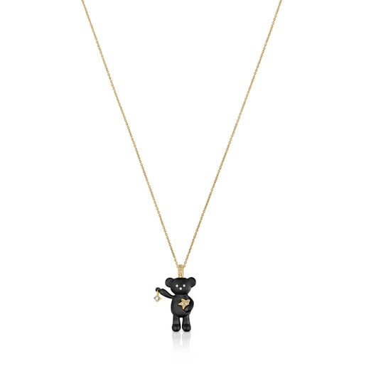 Gold Teddy Bear Necklace with titanium and diamond bear