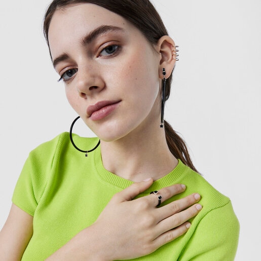 Black IP Steel Mesh Color open Ring with Onyx