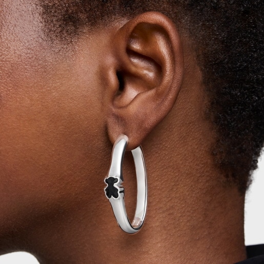 38 mm silver Hoop earrings with onyx bear motif TOUS Icon Color