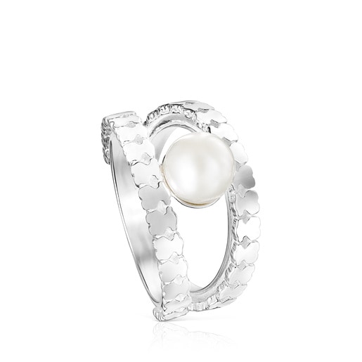 Silver Straight strips Ring with Pearl