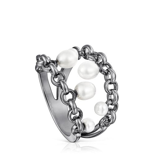 Dark silver Virtual Garden Ring with cultured pearls | TOUS