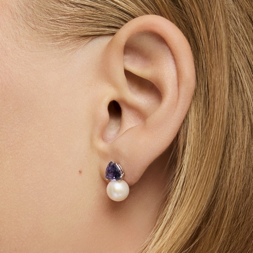 White gold Earrings with rhodolites and cultured pearl Ivette