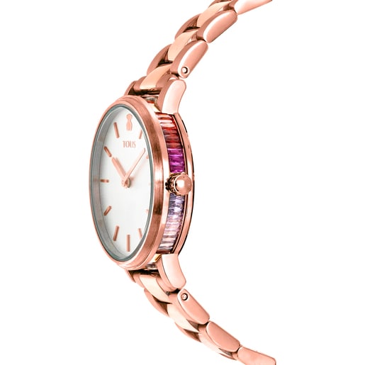 שעון פלדת אל חלד IP STEEL רונד ורמייל ורוד בשיבוץ זרקונים צבעוניים