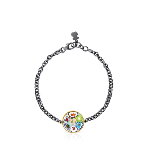 Pulsera Minifiore disco con baño de oro 18 kt sobre plata, Rutenio y Cristal de Murano