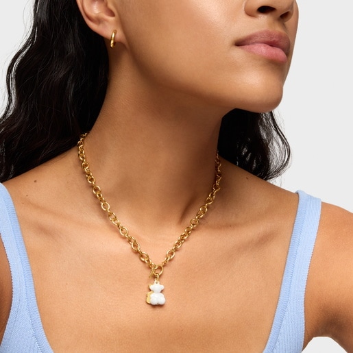 Dije doble oso con baño de oro 18 kt sobre plata y cerámica blanca Bold Bear