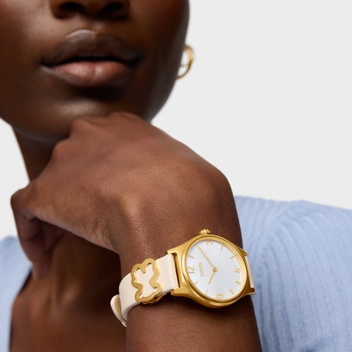 Analog watch with white leather bracelet, gold-colored steel and mother-of-pearl face Epic Icon