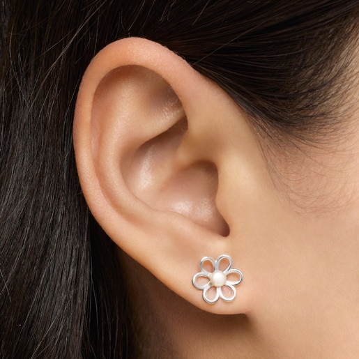 Silver and 0,35cm. pearls TOUS Maggie Earrings with Flower motif