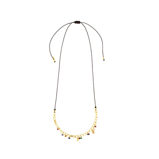 Collar Elise con baño de oro 18 kt sobre plata, Gemas y Cordón en color marrón