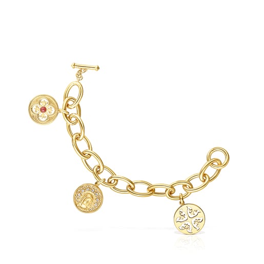 Pulsera medallas con baño de oro 18 kt sobre plata, topacios y