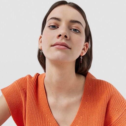 Rose Vermeil Silver TOUS Motif Earrings with Spinel and Ruby and Cross motif