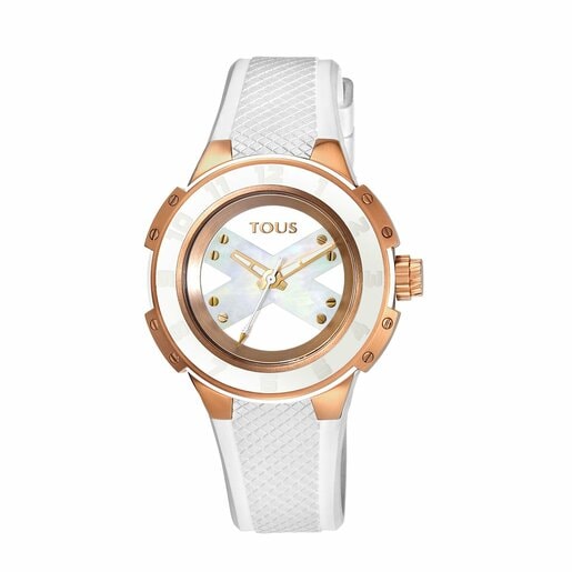 Two-tone pink/white IP Steel Xtous Lady Watch with white Silicone strap