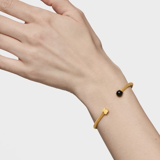 Pulsera esclava de acero dorado y ónix Icon Mesh