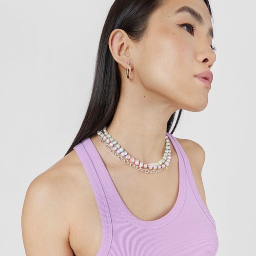 Multicolored nylon Necklace with silver and cultured pearls Logo